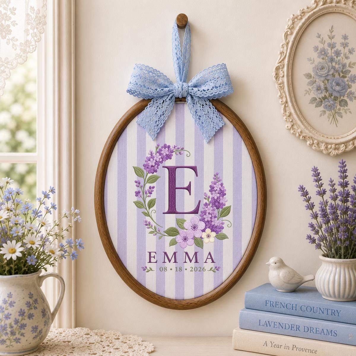 Personalized Floral Monogram Hoop, Emma Initial E Ornament, Purple Flower Embroidery Wall Hanging, Custom Name Date Gift