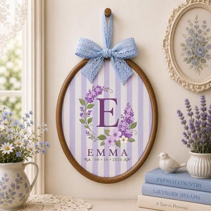 Personalized Floral Monogram Hoop, Emma Initial E Ornament, Purple Flower Embroidery Wall Hanging, Custom Name Date Gift