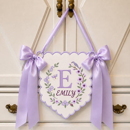 Custom Name Initial Embroidered Scalloped Wall Banner Decor, Lavender Satin Bows Bird Emily Baby Girl Room Sign Hospital Door Hanger