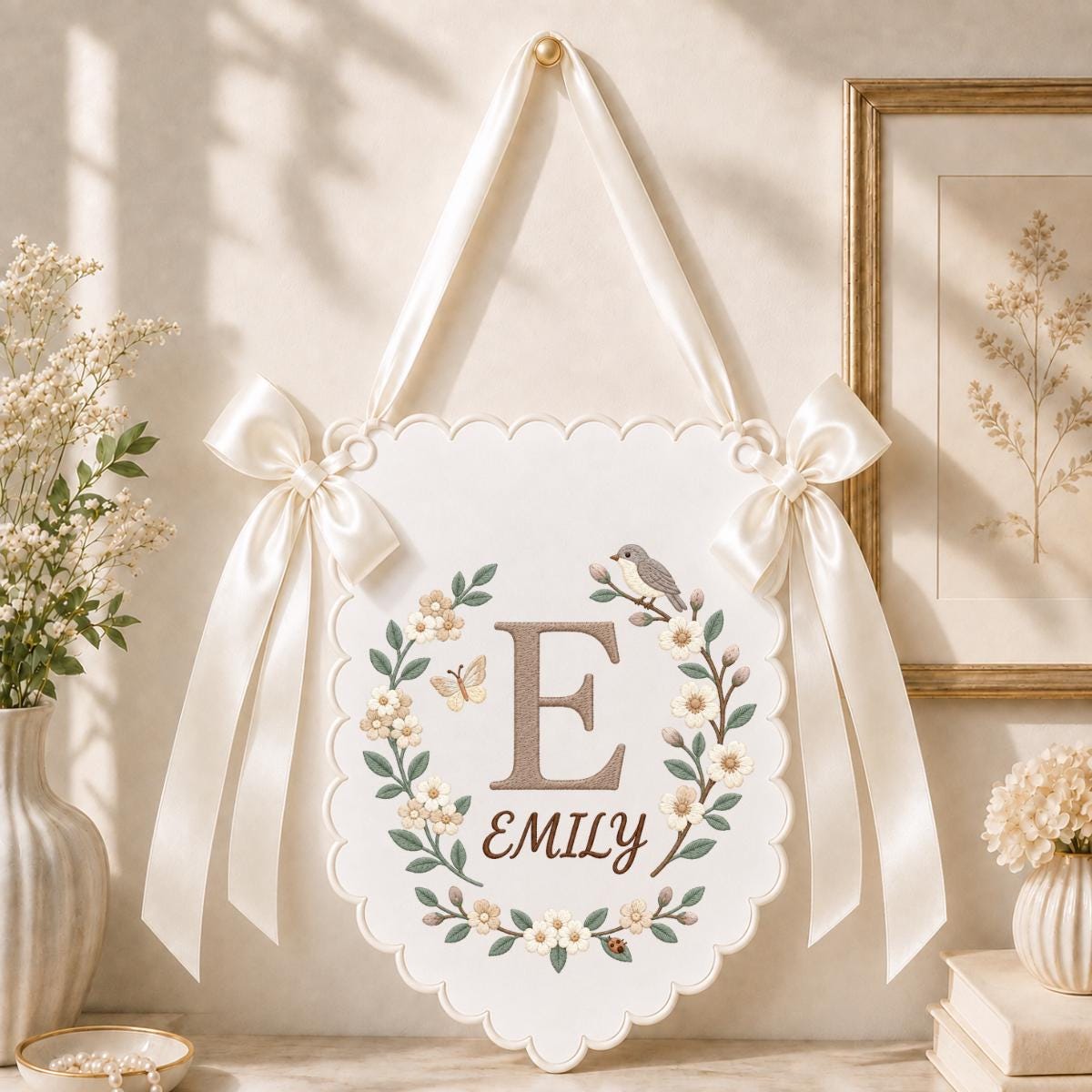 Custom Name Initial Embroidered Scalloped Wall Banner Decor, Lavender Satin Bows Bird Emily Baby Girl Room Sign Hospital Door Hanger