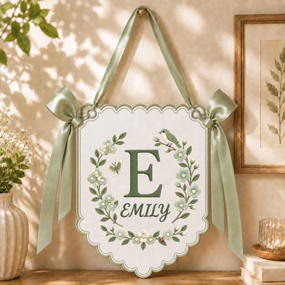 Custom Name Initial Embroidered Scalloped Wall Banner Decor, Lavender Satin Bows Bird Emily Baby Girl Room Sign Hospital Door Hanger