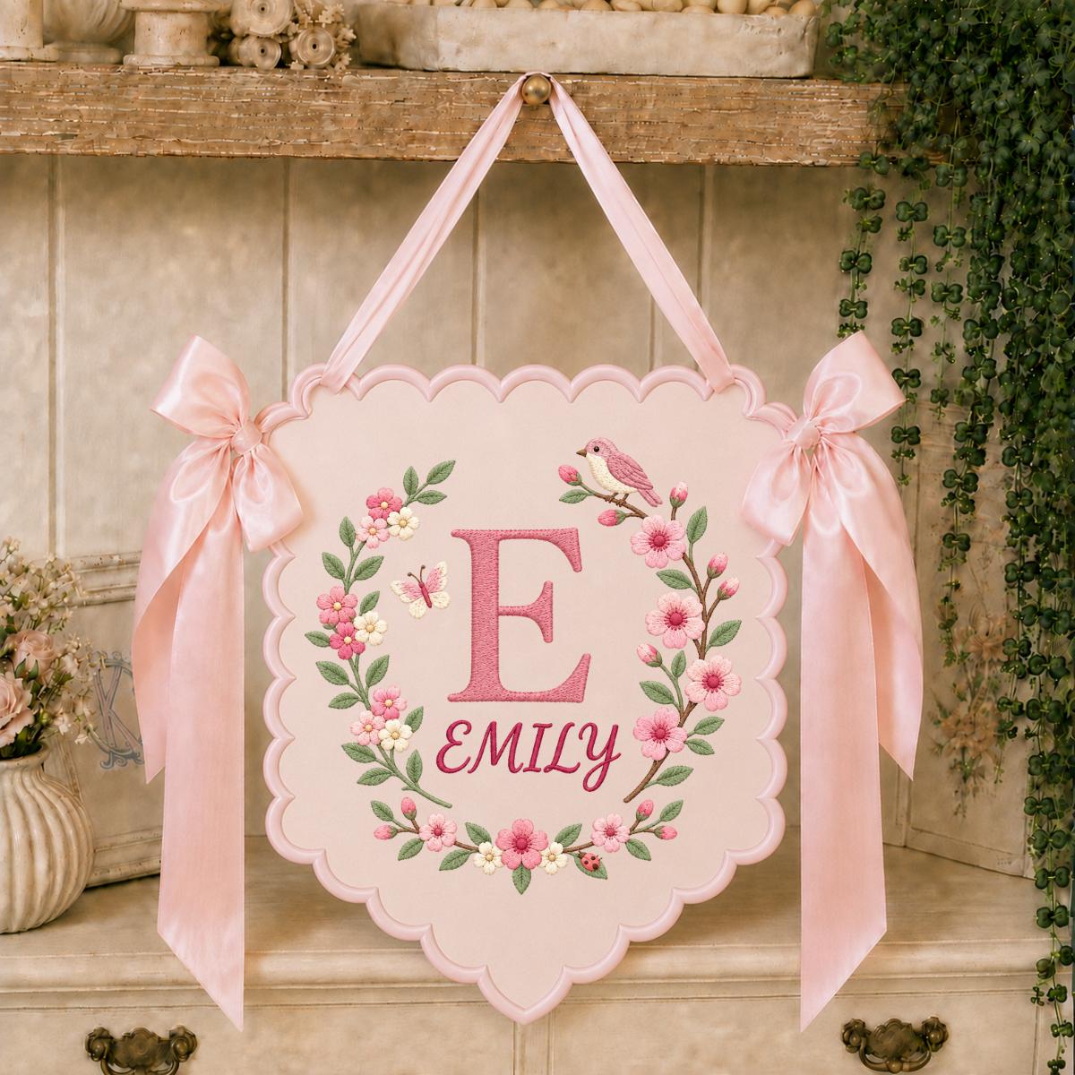 Custom Name Initial Embroidered Scalloped Wall Banner Decor, Lavender Satin Bows Bird Emily Baby Girl Room Sign Hospital Door Hanger