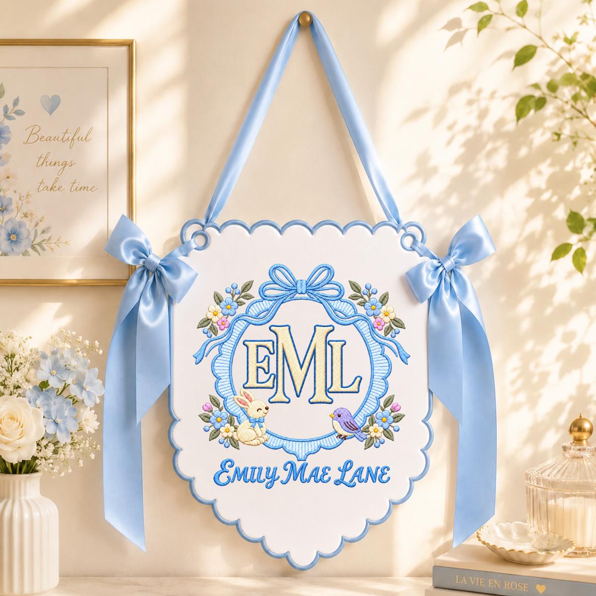 Personalized Monogram Scalloped Banner, Custom Name Initial Embroidered Scalloped Wall Banner Bunny Bird Nursery Wall Sign Decor