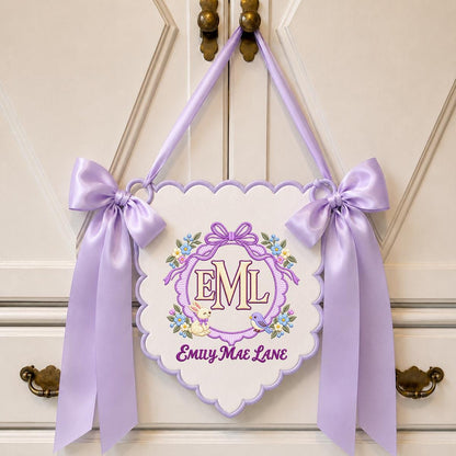 Personalized Monogram Scalloped Banner, Custom Name Initial Embroidered Scalloped Wall Banner Bunny Bird Nursery Wall Sign Decor