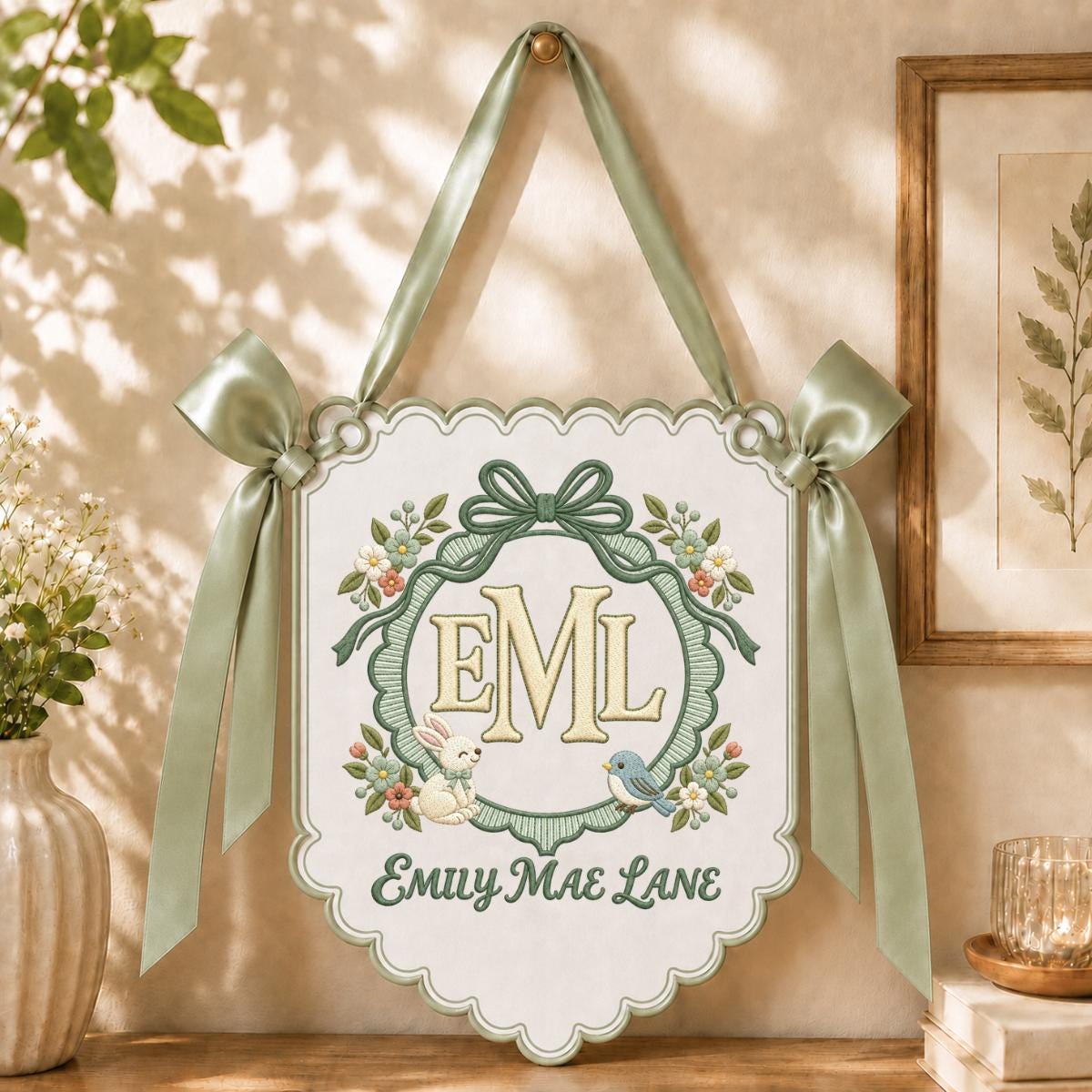 Personalized Monogram Scalloped Banner, Custom Name Initial Embroidered Scalloped Wall Banner Bunny Bird Nursery Wall Sign Decor