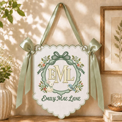 Personalized Monogram Scalloped Banner, Custom Name Initial Embroidered Scalloped Wall Banner Bunny Bird Nursery Wall Sign Decor