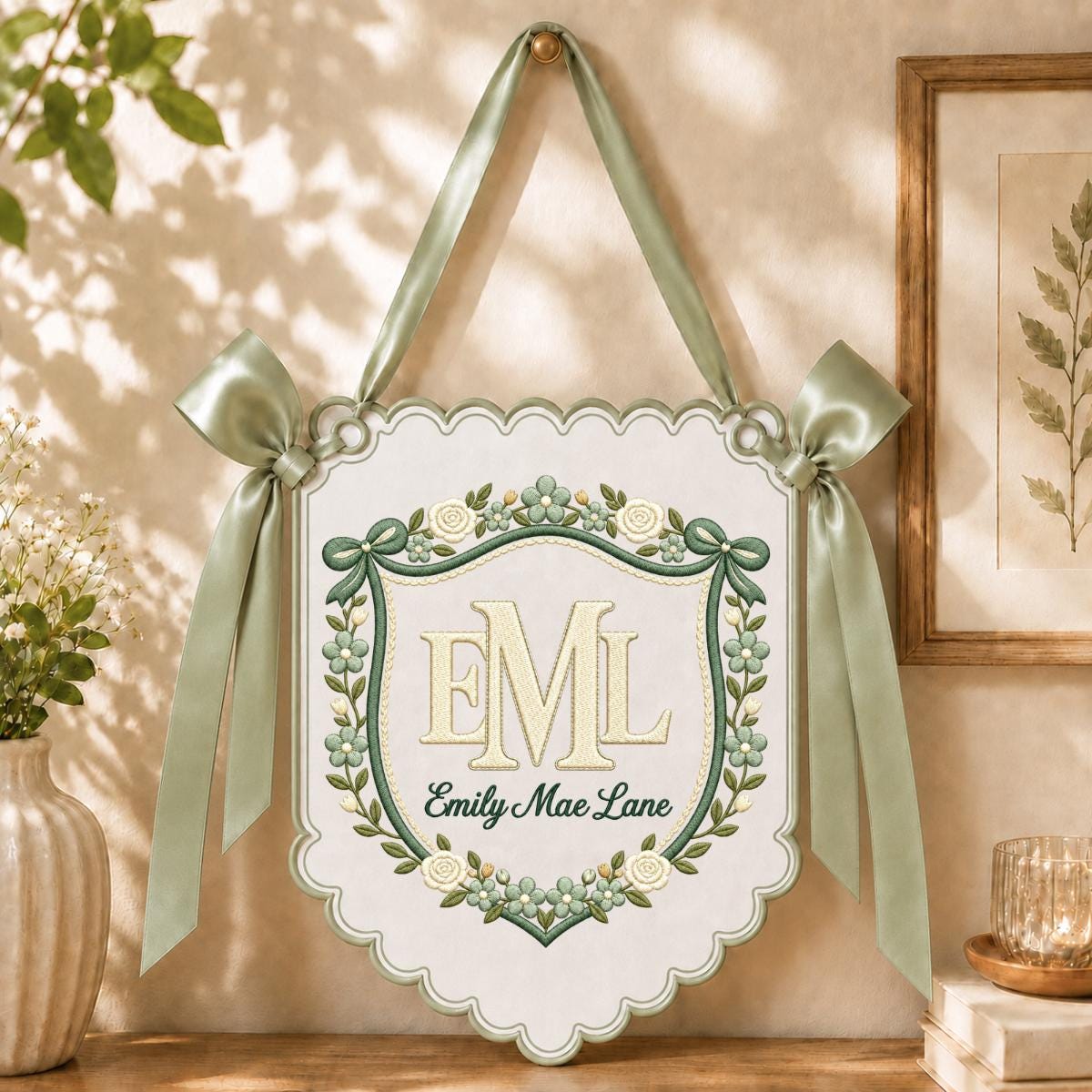 Personalized Monogram Scalloped Banner, Custom Name Initial Embroidered Scalloped Wall Banner Bunny Bird Nursery Wall Sign Decor