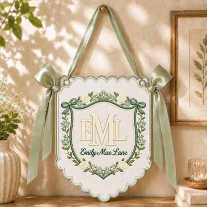Personalized Monogram Scalloped Banner, Custom Name Initial Embroidered Scalloped Wall Banner Bunny Bird Nursery Wall Sign Decor
