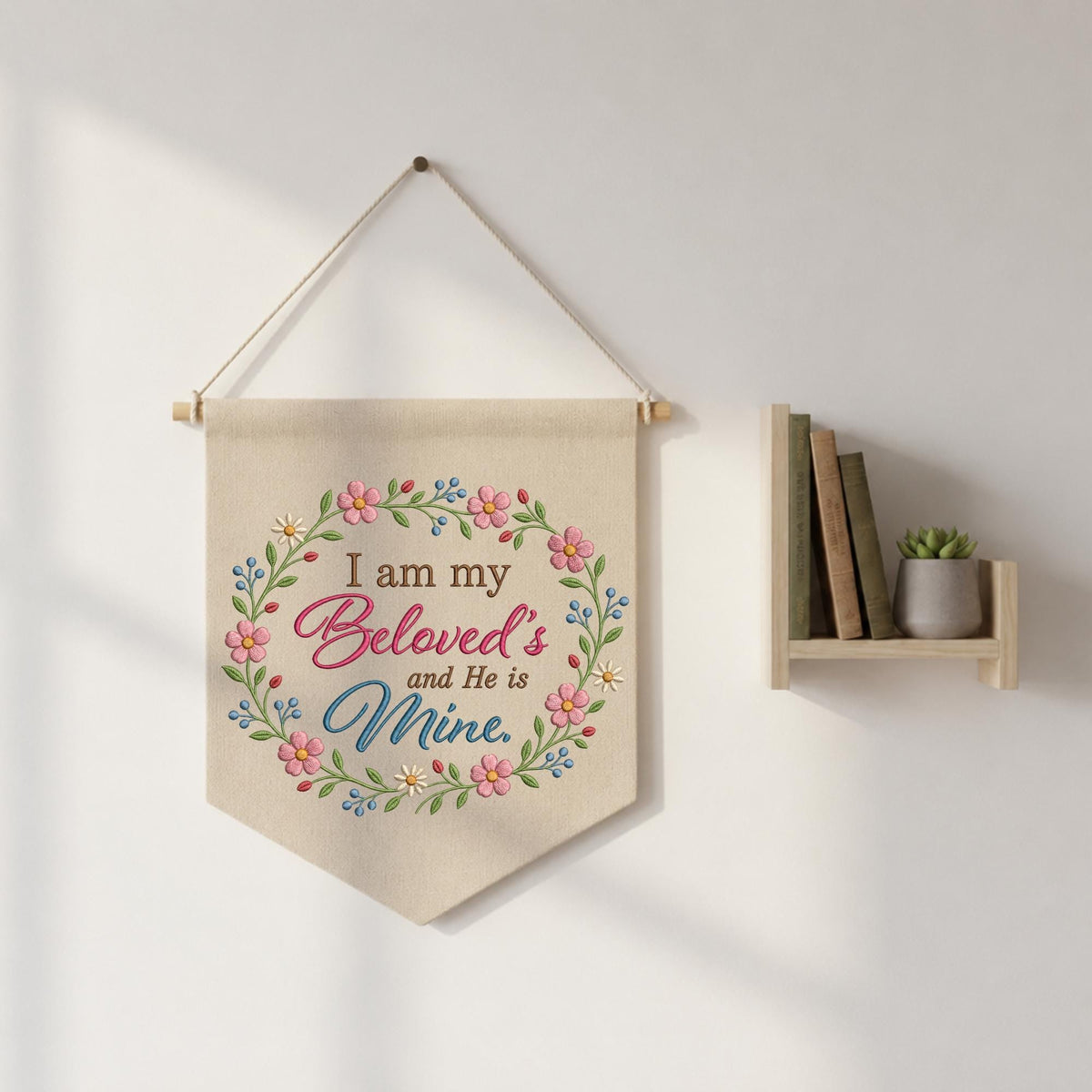 Christian Floral Embroidered Banner, I Am My Beloved’s Wall Hanging, Bible Verse Home Decor, Faith Gift, Christian Wedding Decor