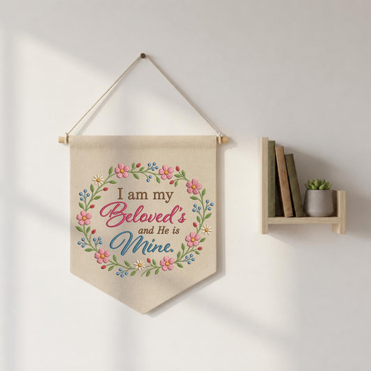 Christian Floral Embroidered Banner, I Am My Beloved’s Wall Hanging, Bible Verse Home Decor, Faith Gift, Christian Wedding Decor