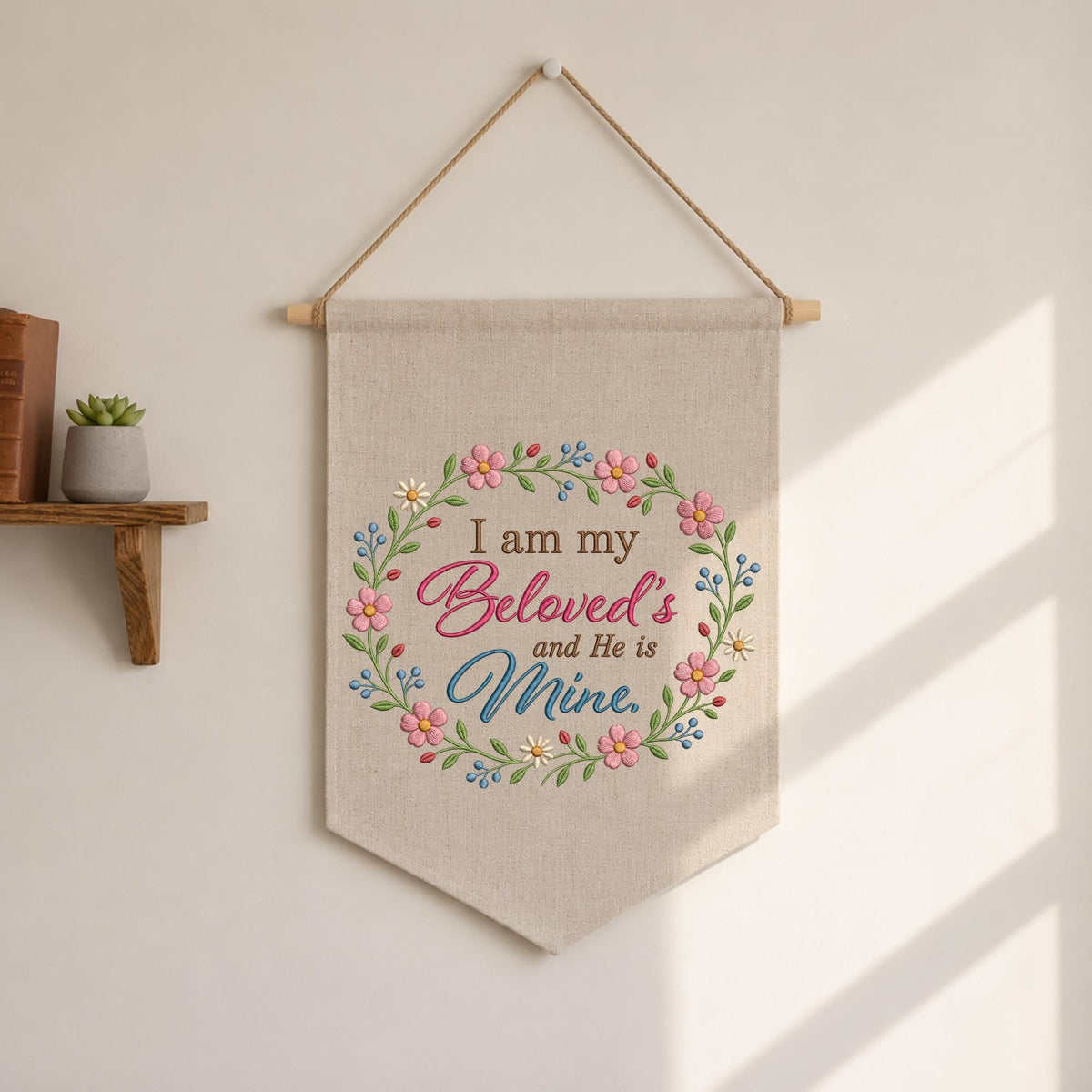 Christian Floral Embroidered Banner, I Am My Beloved’s Wall Hanging, Bible Verse Home Decor, Faith Gift, Christian Wedding Decor