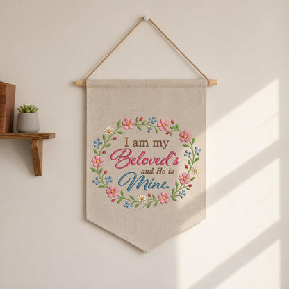Christian Floral Embroidered Banner, I Am My Beloved’s Wall Hanging, Bible Verse Home Decor, Faith Gift, Christian Wedding Decor