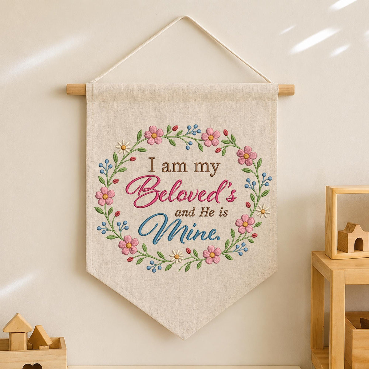 Christian Floral Embroidered Banner, I Am My Beloved’s Wall Hanging, Bible Verse Home Decor, Faith Gift, Christian Wedding Decor