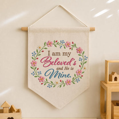 Christian Floral Embroidered Banner, I Am My Beloved’s Wall Hanging, Bible Verse Home Decor, Faith Gift, Christian Wedding Decor