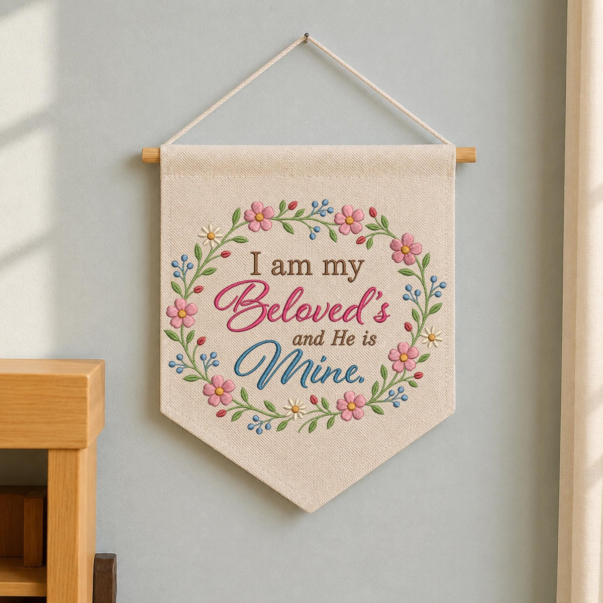 Christian Floral Embroidered Banner, I Am My Beloved’s Wall Hanging, Bible Verse Home Decor, Faith Gift, Christian Wedding Decor