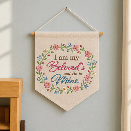 Christian Floral Embroidered Banner, I Am My Beloved’s Wall Hanging, Bible Verse Home Decor, Faith Gift, Christian Wedding Decor