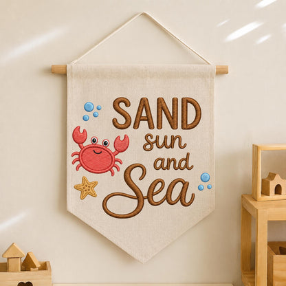 Sand Sun and Sea Embroidered Banner, Coastal Crab Wall Hanging, Beach House Decor, Nautical Nursery Wall Art, Summer Ocean Gift