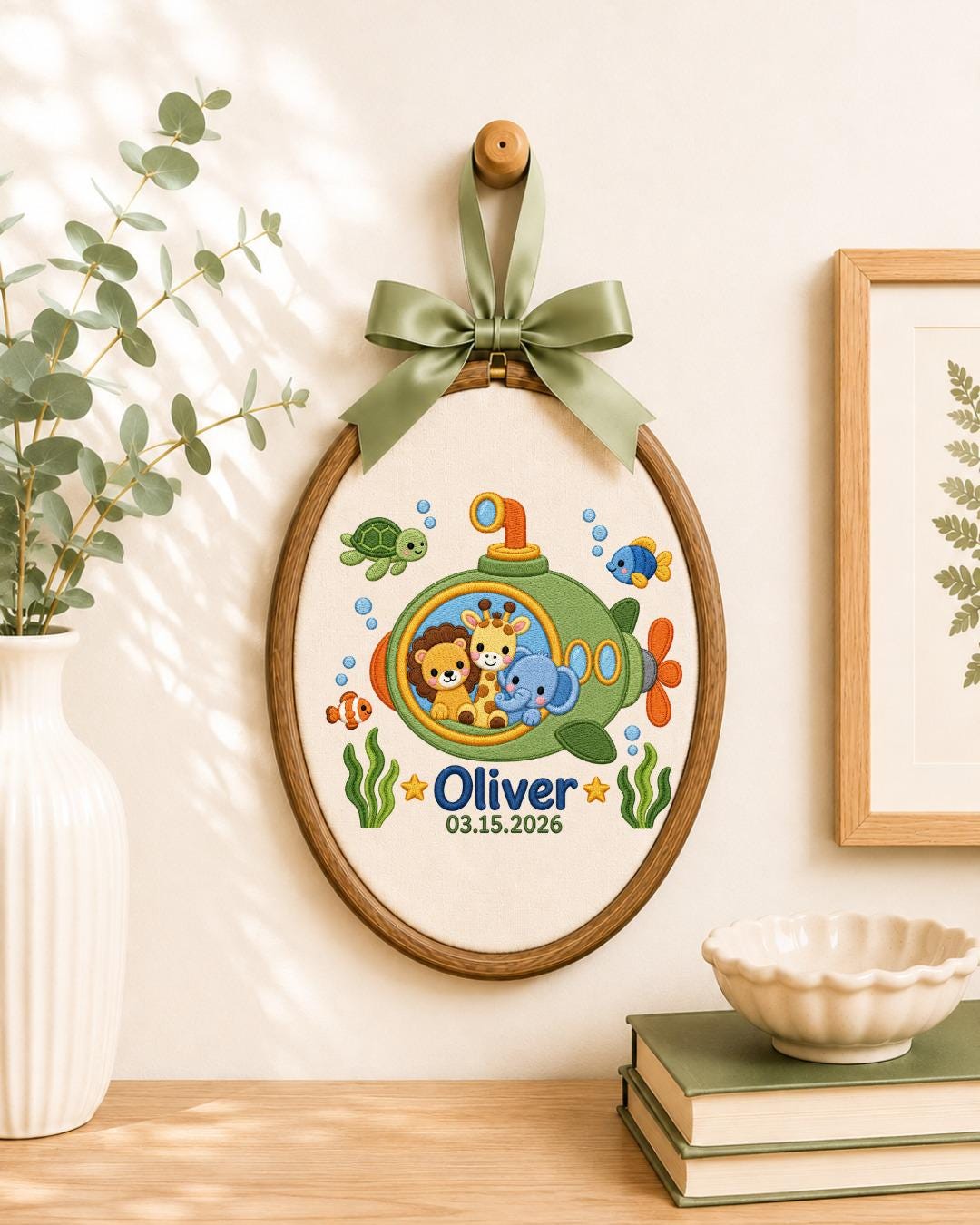 Personalized Safari Submarine Embroidered Ornament, Custom Baby Name Hoop, Jungle Animal Nursery Decor, Under the Sea Baby Gift