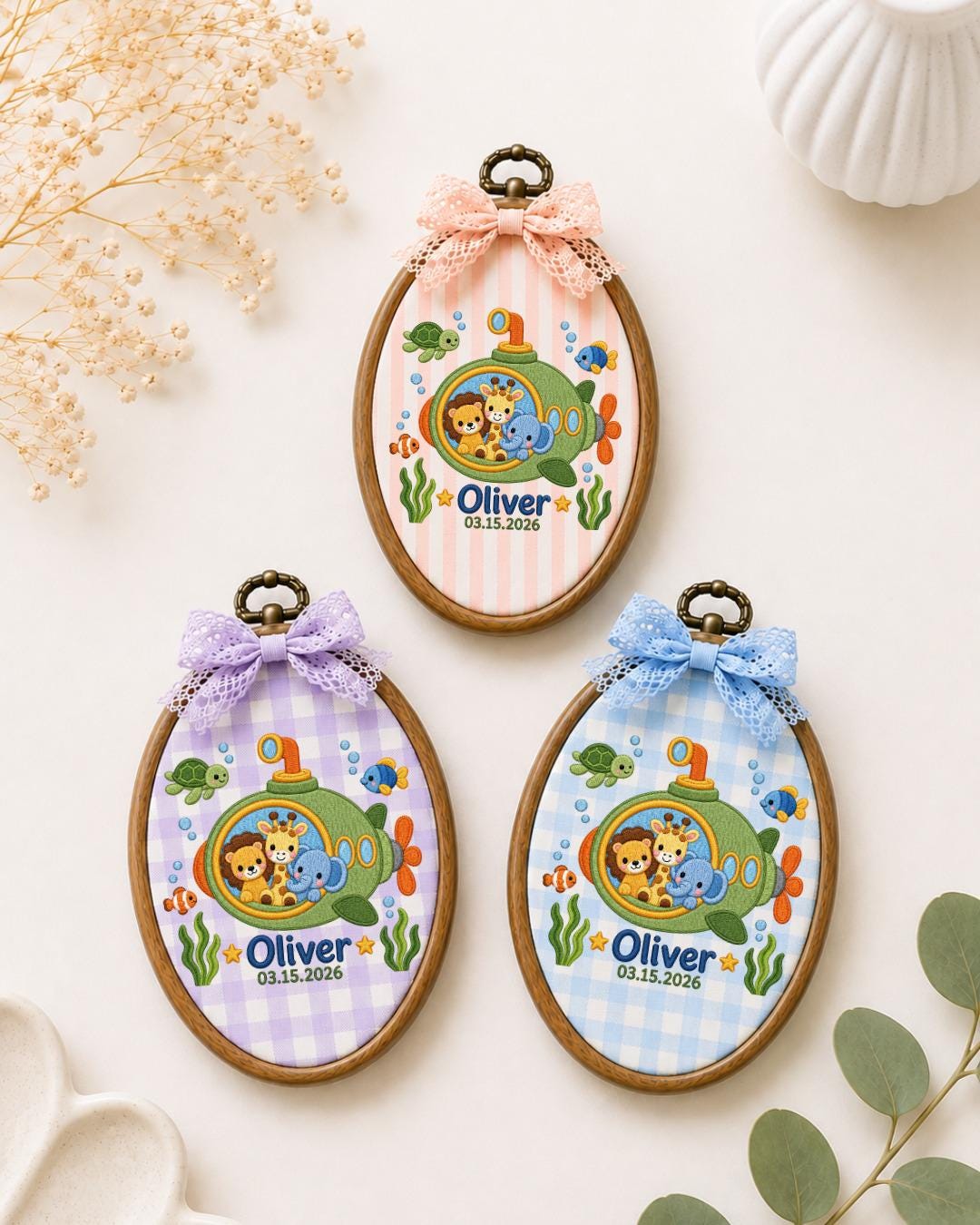 Personalized Safari Submarine Embroidered Ornament, Custom Baby Name Hoop, Jungle Animal Nursery Decor, Under the Sea Baby Gift