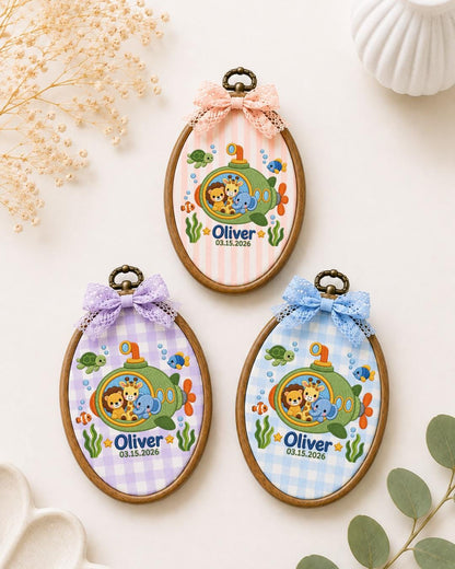 Personalized Safari Submarine Embroidered Ornament, Custom Baby Name Hoop, Jungle Animal Nursery Decor, Under the Sea Baby Gift
