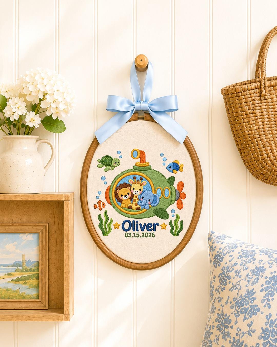 Personalized Safari Submarine Embroidered Ornament, Custom Baby Name Hoop, Jungle Animal Nursery Decor, Under the Sea Baby Gift
