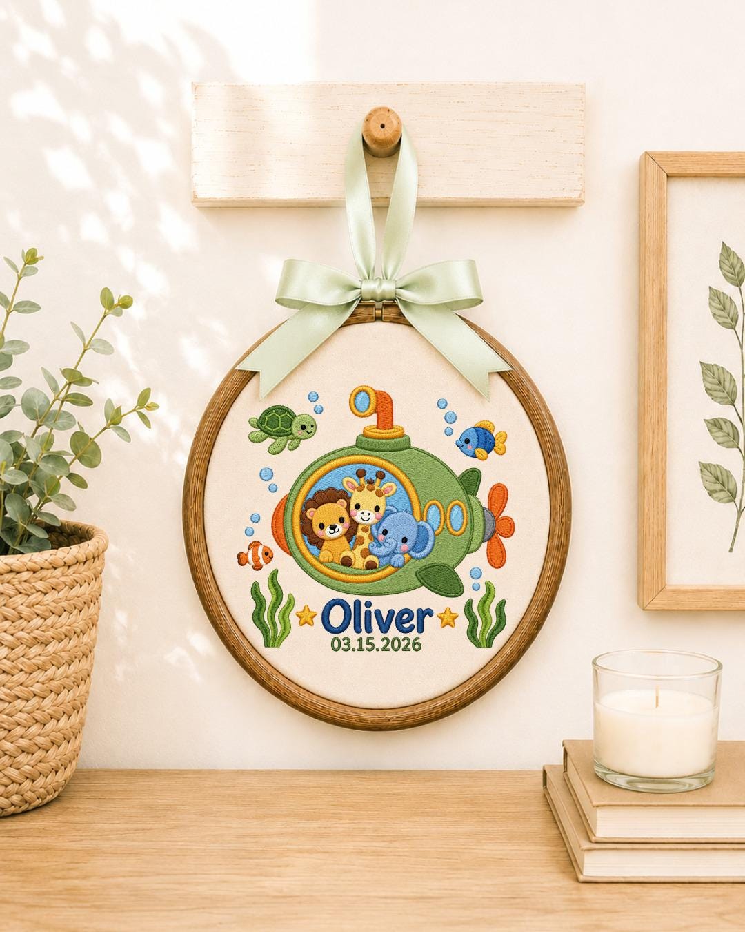 Personalized Safari Submarine Embroidered Ornament, Custom Baby Name Hoop, Jungle Animal Nursery Decor, Under the Sea Baby Gift