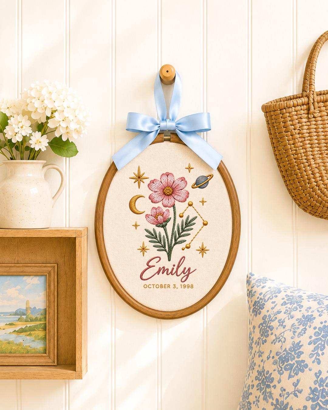 Personalized Birth Flower Zodiac Embroidered Ornament, Custom Name Birthday Hoop, Celestial Floral Keepsake, Astrology Gift