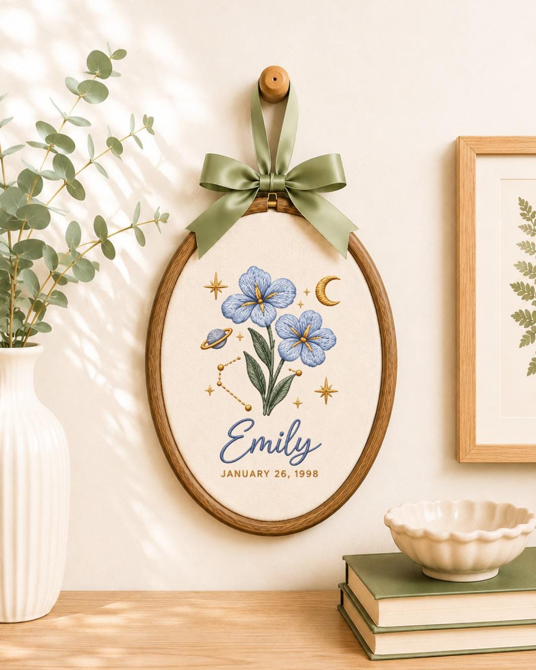 Personalized Birth Flower Zodiac Embroidered Ornament, Custom Name Birthday Hoop, Celestial Floral Keepsake, Astrology Gift