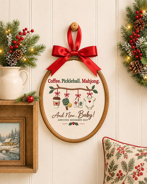 Personalized Pregnancy Announcement Embroidered Ornament, Coffee Pickleball Mahjong Baby Reveal Hoop, Expecting Mom Gift, Baby Due 2027
