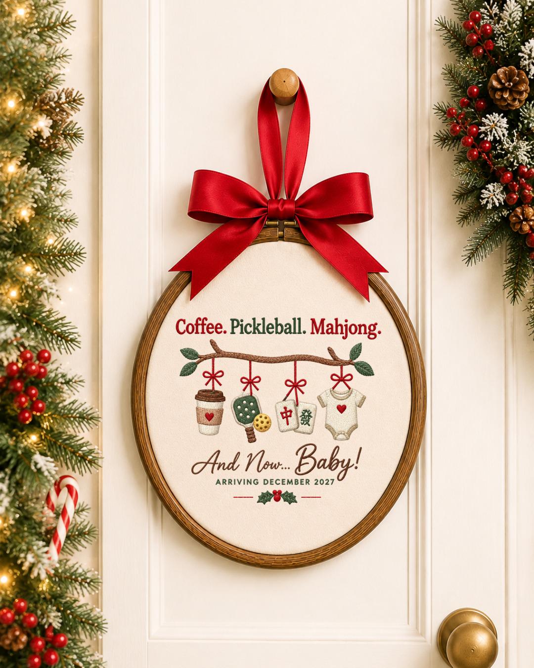 Personalized Pregnancy Announcement Embroidered Ornament, Coffee Pickleball Mahjong Baby Reveal Hoop, Expecting Mom Gift, Baby Due 2027