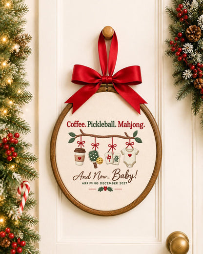 Personalized Pregnancy Announcement Embroidered Ornament, Coffee Pickleball Mahjong Baby Reveal Hoop, Expecting Mom Gift, Baby Due 2027