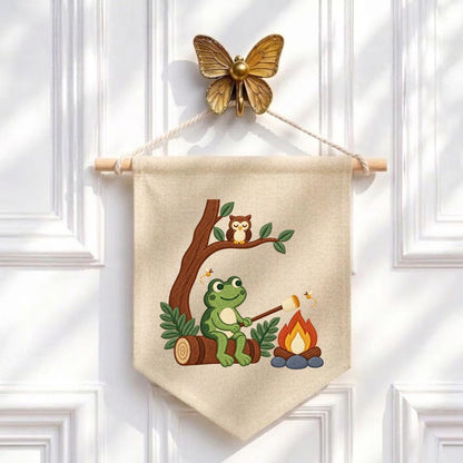 Embroidered Frog Campfire Canvas Banner Decor, Marshmallow Roasting Tree Owl Fireflies Woodland Forest Kids Room Wall Hanging Sign Gift