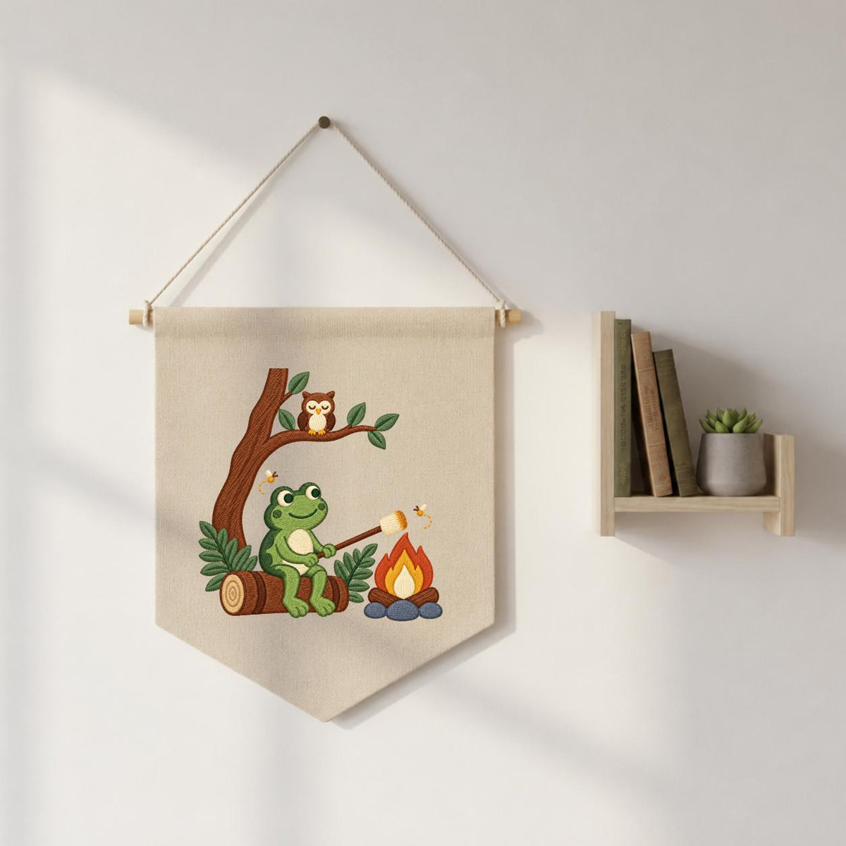 Embroidered Frog Campfire Canvas Banner Decor, Marshmallow Roasting Tree Owl Fireflies Woodland Forest Kids Room Wall Hanging Sign Gift
