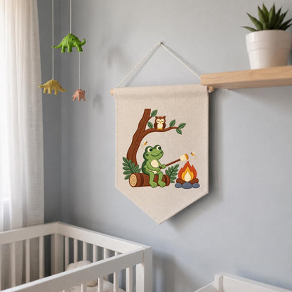 Embroidered Frog Campfire Canvas Banner Decor, Marshmallow Roasting Tree Owl Fireflies Woodland Forest Kids Room Wall Hanging Sign Gift