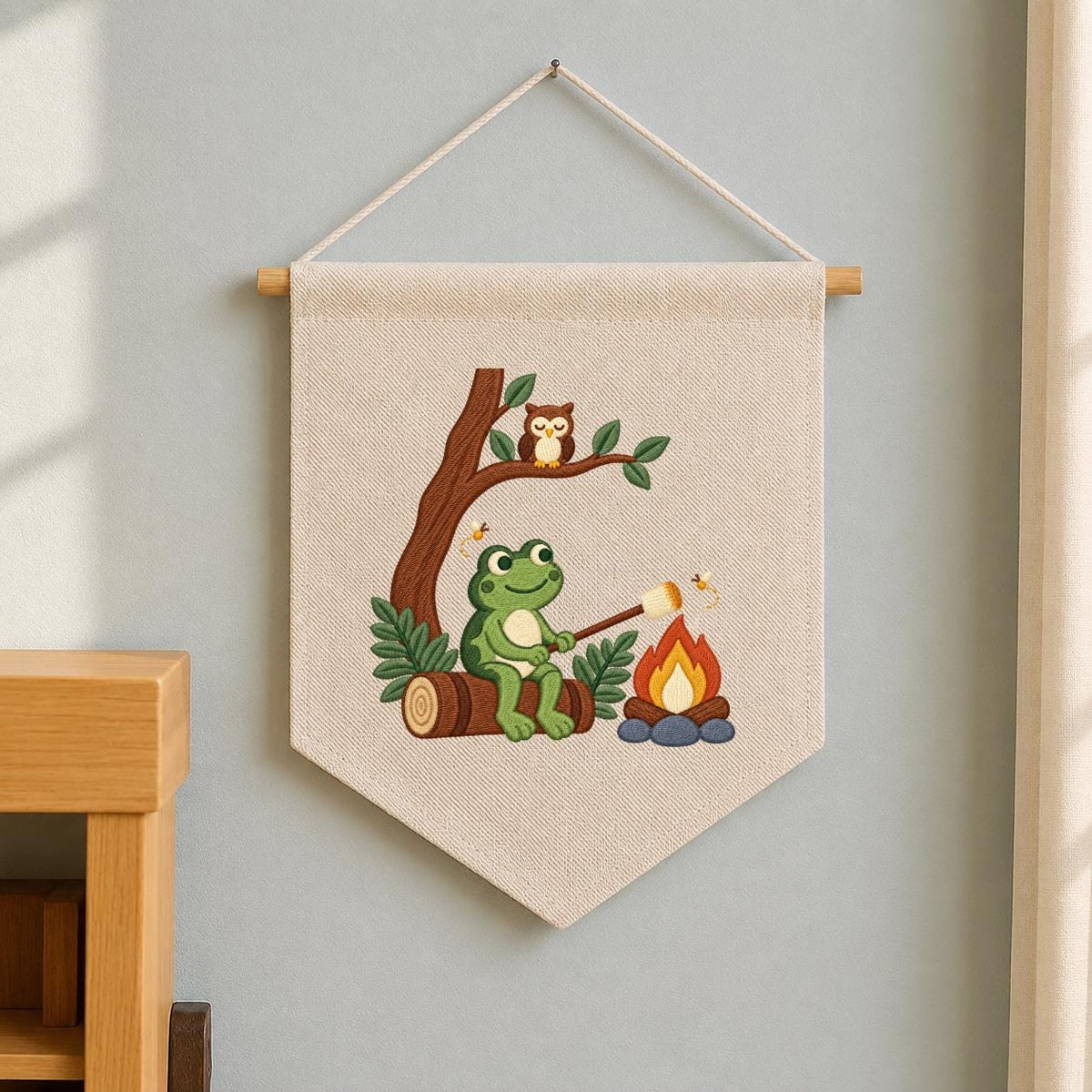Embroidered Frog Campfire Canvas Banner Decor, Marshmallow Roasting Tree Owl Fireflies Woodland Forest Kids Room Wall Hanging Sign Gift