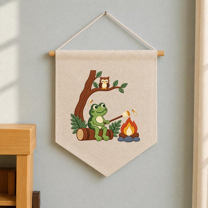 Embroidered Frog Campfire Canvas Banner Decor, Marshmallow Roasting Tree Owl Fireflies Woodland Forest Kids Room Wall Hanging Sign Gift