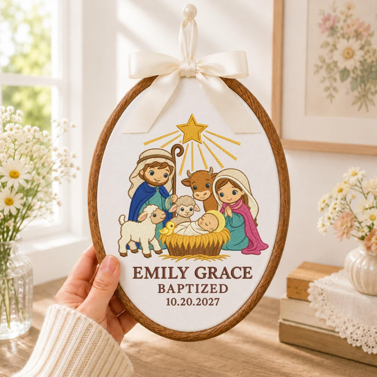 Personalized Baptism Nativity Embroidered Ornament, Custom Baby Name Christening Keepsake, Christian Baptism Gift, Religious Baby Ornament