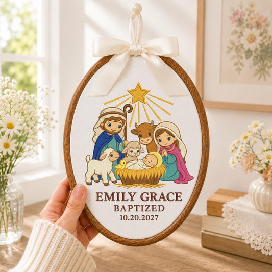 Personalized Baptism Nativity Embroidered Ornament, Custom Baby Name Christening Keepsake, Christian Baptism Gift, Religious Baby Ornament