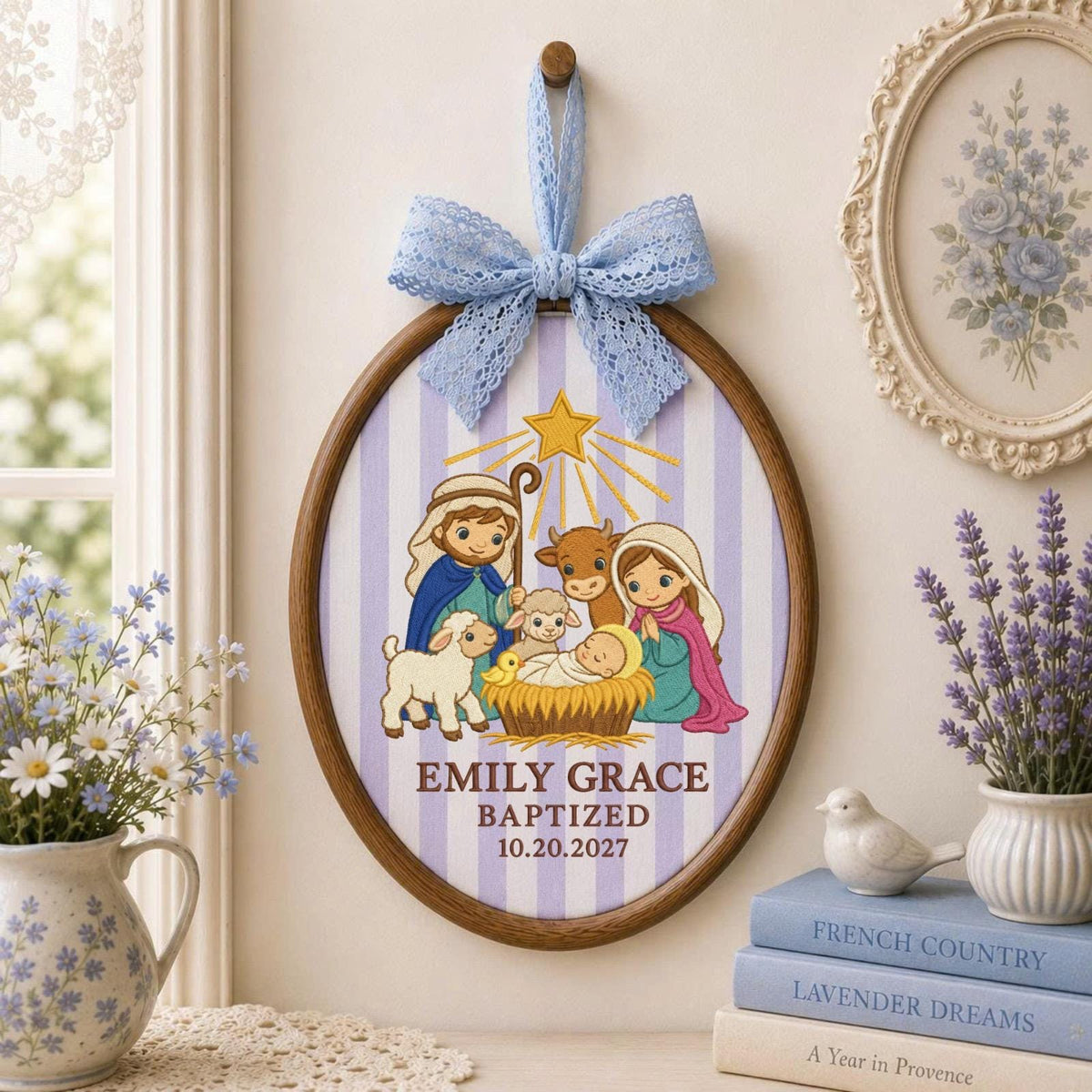 Personalized Baptism Nativity Embroidered Ornament, Custom Baby Name Christening Keepsake, Christian Baptism Gift, Religious Baby Ornament