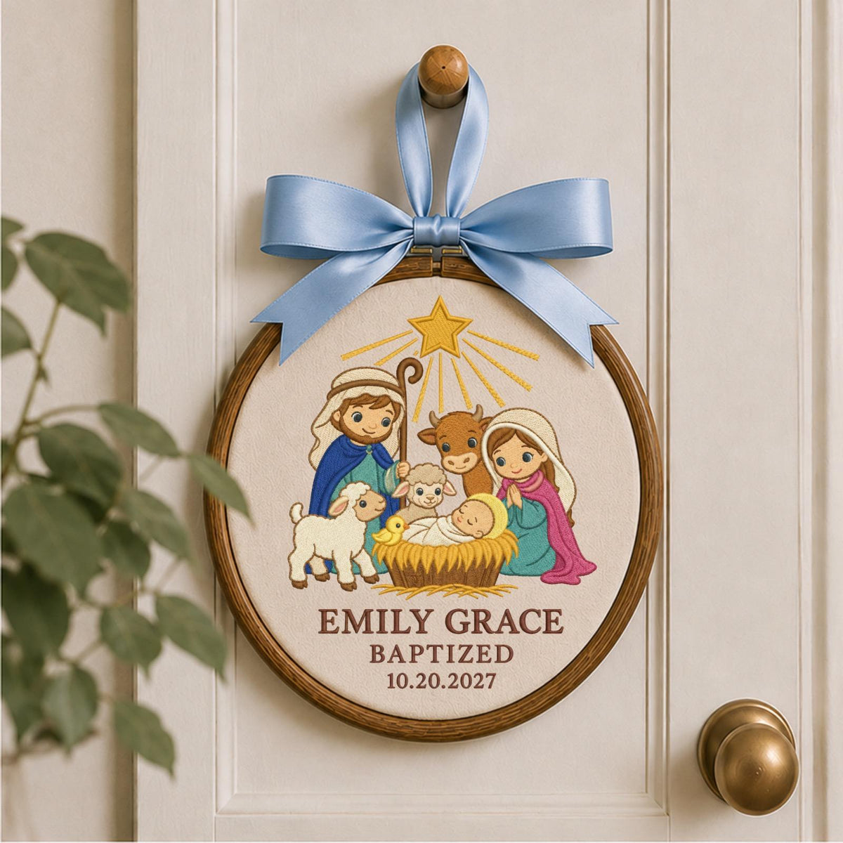 Personalized Baptism Nativity Embroidered Ornament, Custom Baby Name Christening Keepsake, Christian Baptism Gift, Religious Baby Ornament