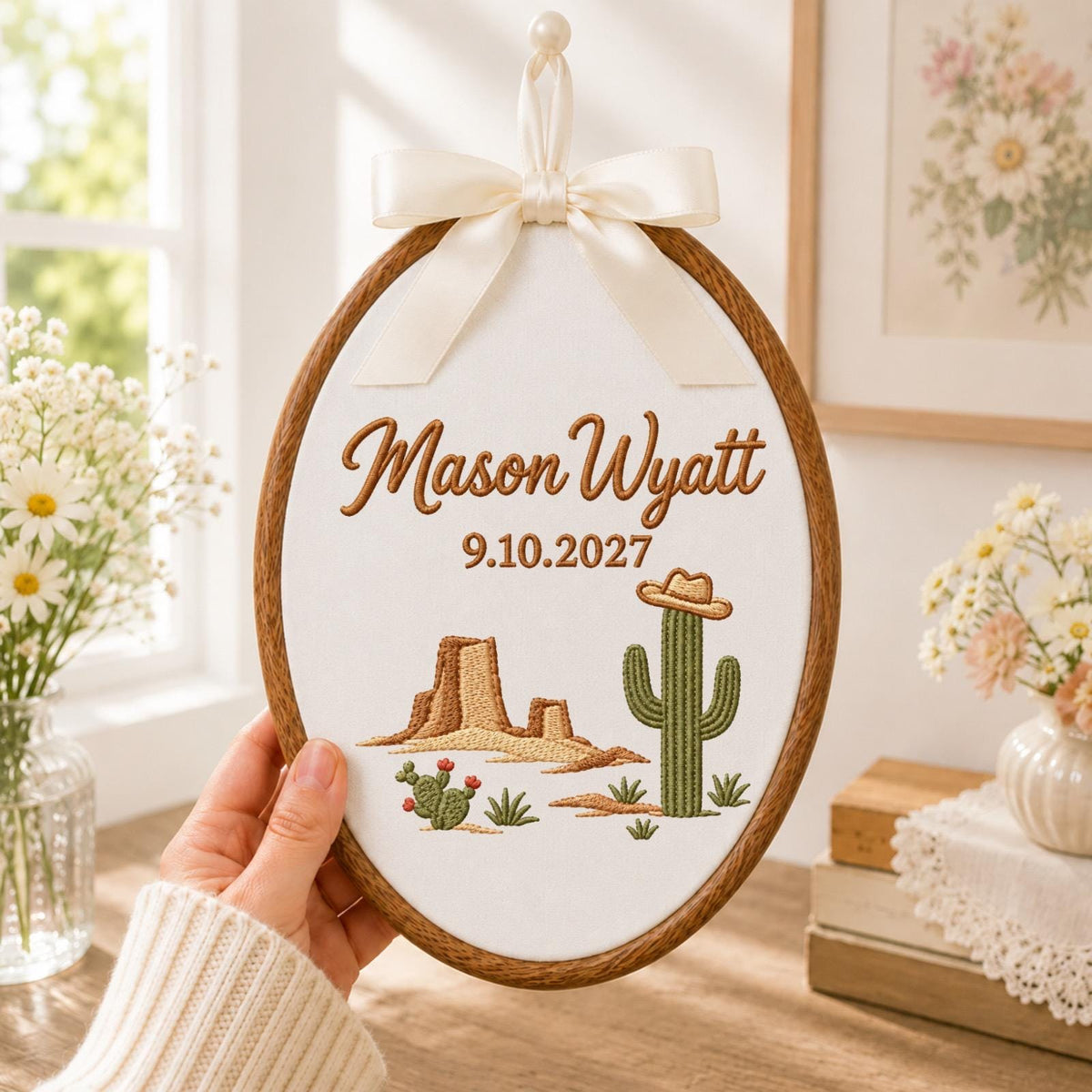Personalized Western Cactus Embroidered Ornament, Custom Name Desert Keepsake, Cowboy Nursery Decor, Southwestern Baby Gift, Western