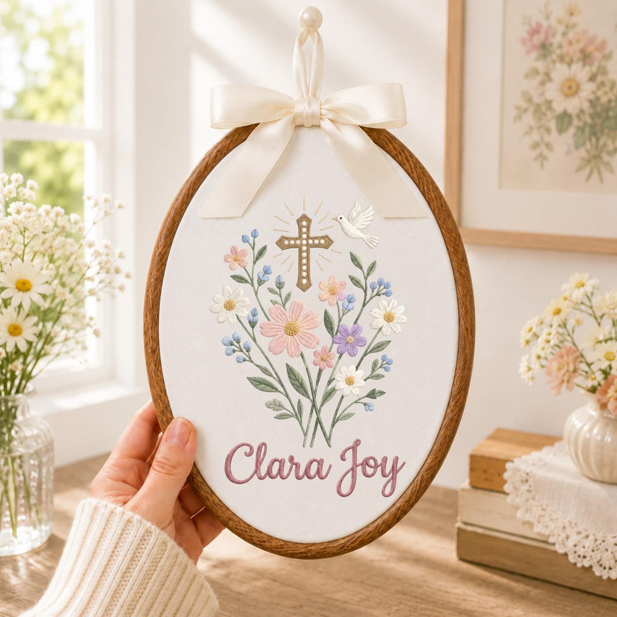 Personalized Christian Floral Embroidered Ornament, Custom Name Cross & Dove Keepsake, Baptism Gift, Religious Baby Girl Ornament