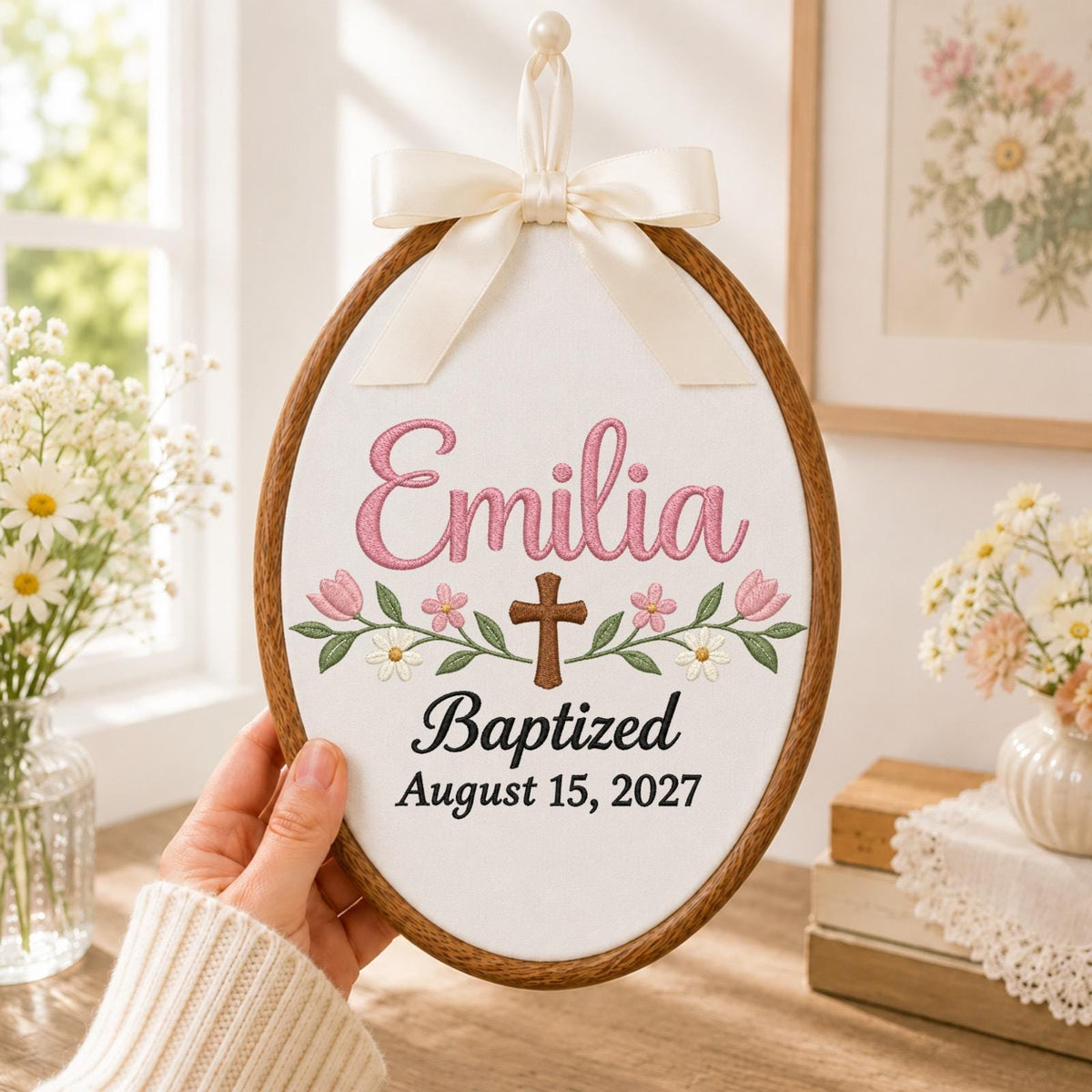 Personalized Baptism Embroidered Ornament, Custom Baby Girl Name Christening Keepsake, Floral Cross Christian Gift, Religious Baby Ornament