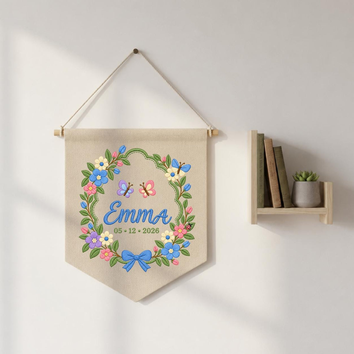 Custom Name Date Embroidered Canvas Banner Decor, Spring Floral Wreath Butterflies Blue Bow Emma Baby Shower Nursery Wall Hanging Sign