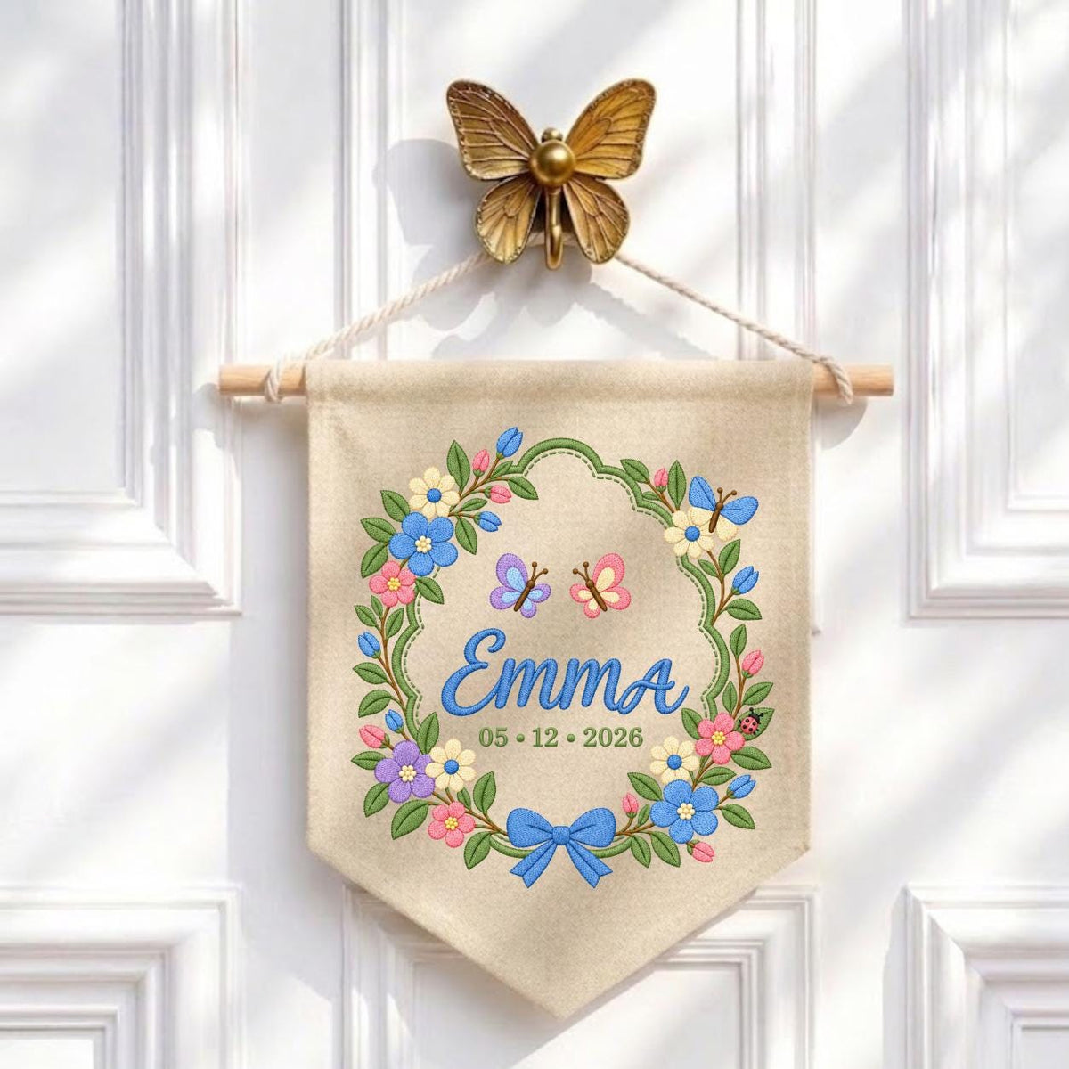 Custom Name Date Embroidered Canvas Banner Decor, Spring Floral Wreath Butterflies Blue Bow Emma Baby Shower Nursery Wall Hanging Sign