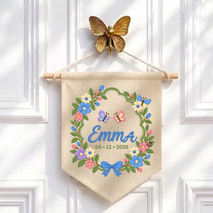 Custom Name Date Embroidered Canvas Banner Decor, Spring Floral Wreath Butterflies Blue Bow Emma Baby Shower Nursery Wall Hanging Sign