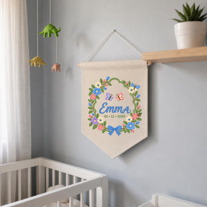 Custom Name Date Embroidered Canvas Banner Decor, Spring Floral Wreath Butterflies Blue Bow Emma Baby Shower Nursery Wall Hanging Sign