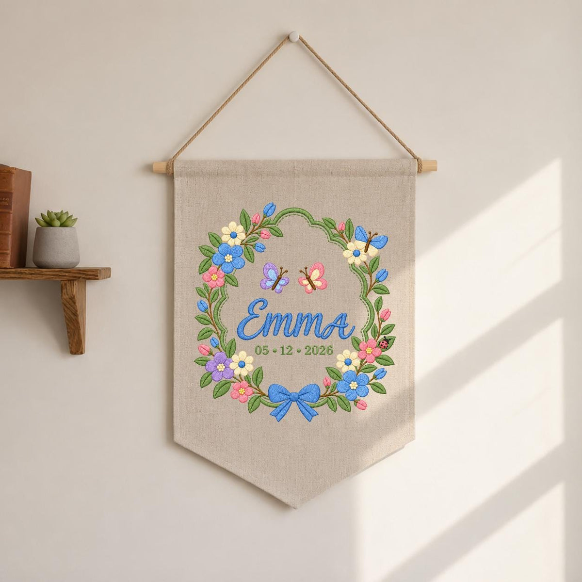 Custom Name Date Embroidered Canvas Banner Decor, Spring Floral Wreath Butterflies Blue Bow Emma Baby Shower Nursery Wall Hanging Sign