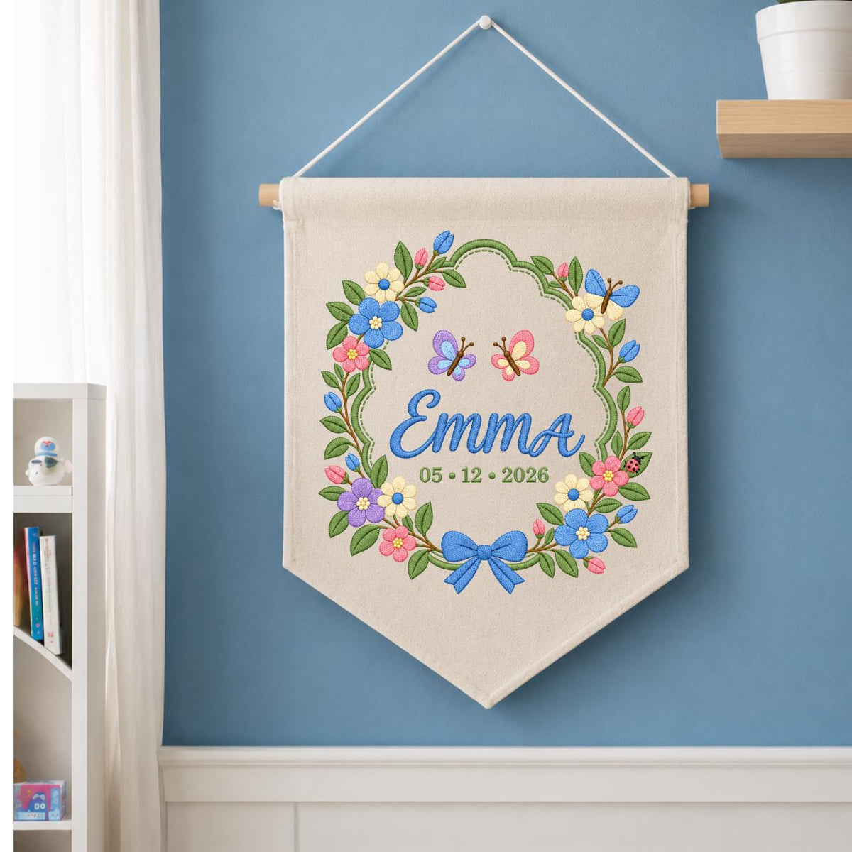 Custom Name Date Embroidered Canvas Banner Decor, Spring Floral Wreath Butterflies Blue Bow Emma Baby Shower Nursery Wall Hanging Sign