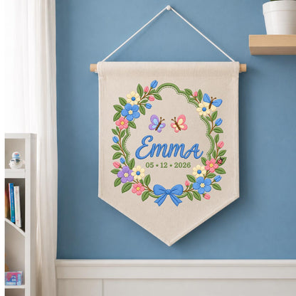 Custom Name Date Embroidered Canvas Banner Decor, Spring Floral Wreath Butterflies Blue Bow Emma Baby Shower Nursery Wall Hanging Sign